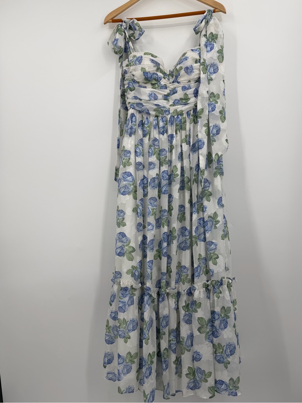 Mable Blue Rose Floral Maxi Dress | Tie Shoulders | Size L